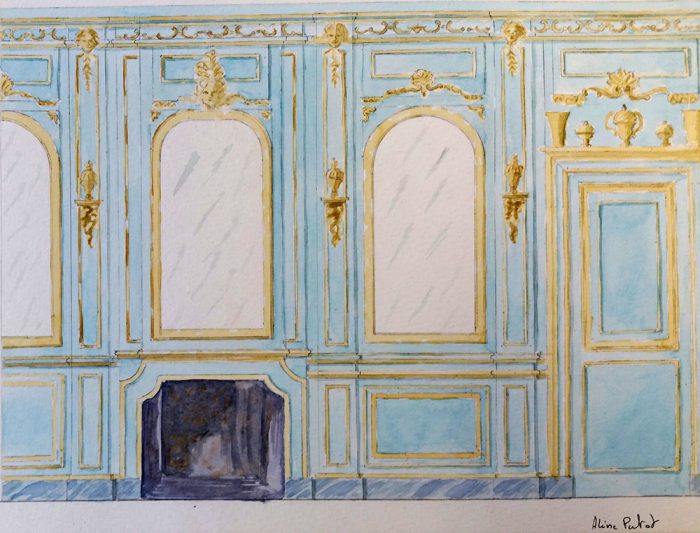 Projet de salon, boiseries bleues et or (aquarelle)